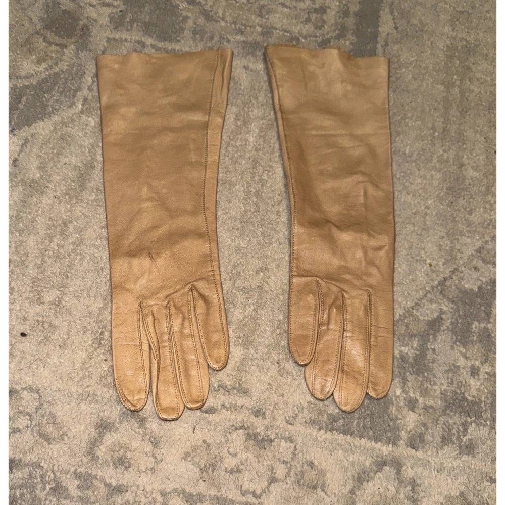 Vtg Grandoe Tan‎ Beige Soapable Leather Mid Length Gloves Womens Size 7